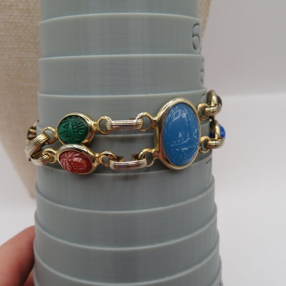 Egyptian Revival Double Strand Scarab Gold Tone Bracelet - Picture 11 of 13